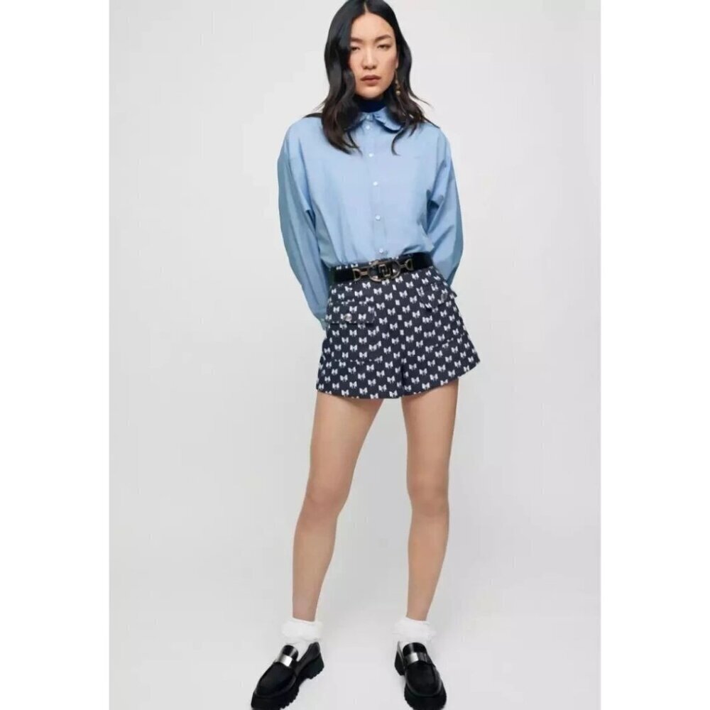NWT Maje Ionala navy blue and white bow pattern jacquard shorts, XS